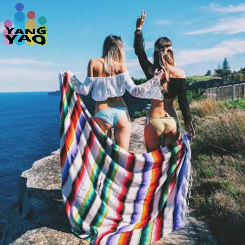 

Mexican Serape Blanket Travel Striped Rainbow Beach Blankets Mat with Tassel for Beds Outdoor Picnic Sofa Cover Cotton Fleece