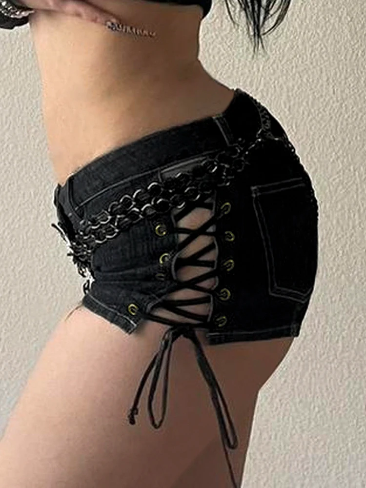 Rockmore Fashion Hot Sexy Low Waist Shorts Cross Lace-up Y2K Aesthetic Slim Mini Shorts Summer Chic Vintage Denim Bottoms 2023