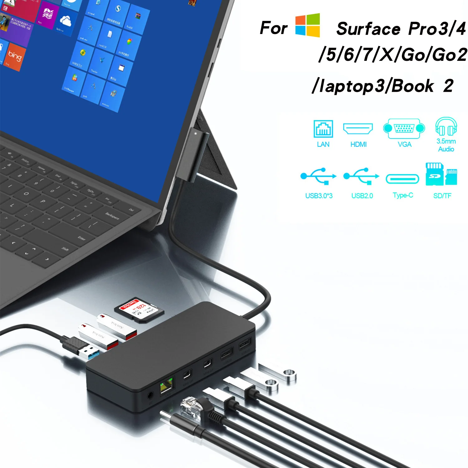 

12 in 1 multifunctional hub for surface pro 4 5 6 7 pro x go go2 laptop3 book2 usb3.0 hub type c card reader rj45 expansion dock