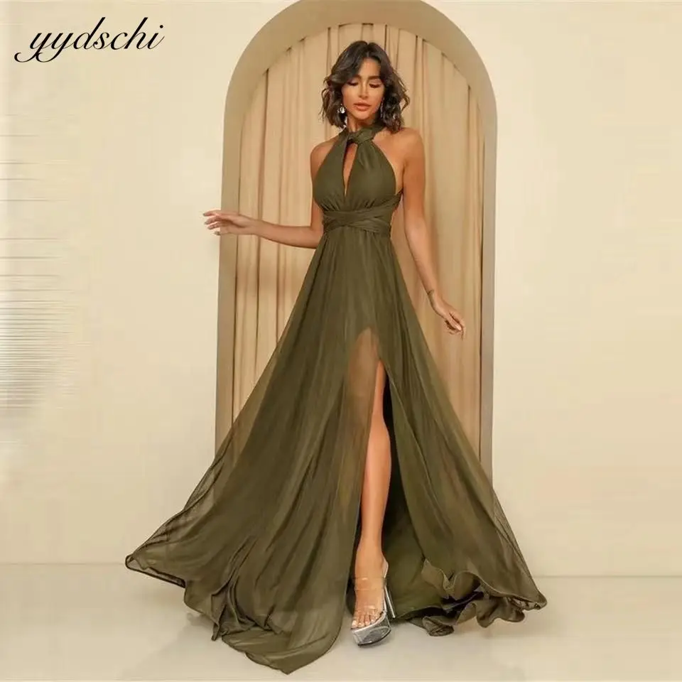 

Simple Olive Green Chiffon Pleated Long Prom Gowns Halter Neck Sleeveless Side Slit Party Guest Formal Evening Dresses For Women