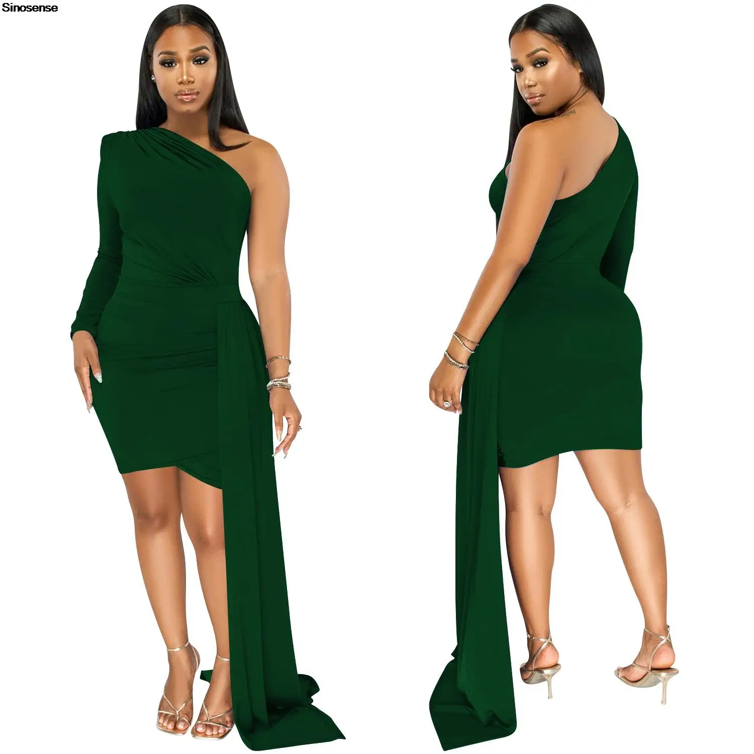

Women Elegant Long Sleeve One Shoulder Cocktail Dress Bodycon Ruched Night Out Club Dress Solid Color Mini Party Dresses