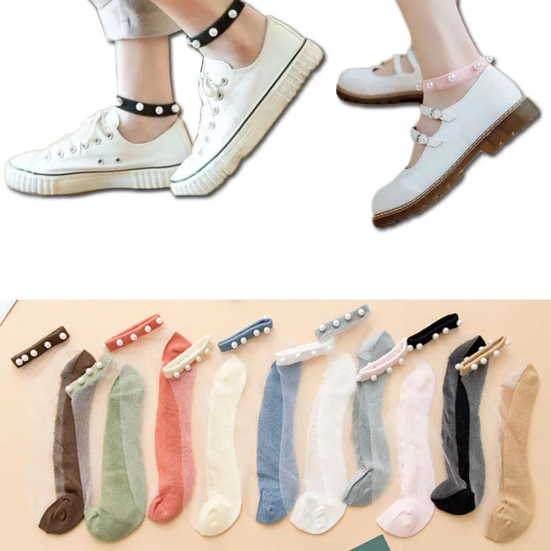 Fashion Pearl Crystal Silk Ankle Sock Female Breathable Thin Summer Korean Style Invisible Socks Casual Socks for Women Girls