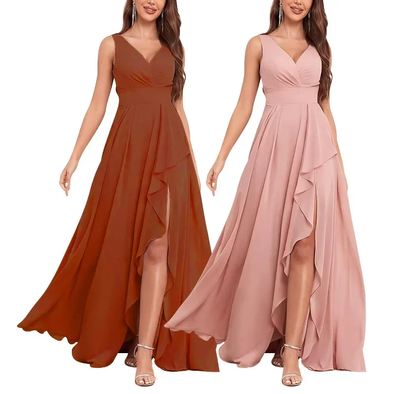 Casual Women V Neck Bridesmaid Dresses 2024 New Fashion Slit Long Ruffle Formal Evening Dress Wedding Party Gowns Chiffon