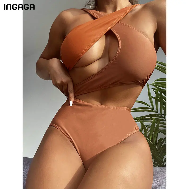 

INGAGA Two Tone One Piece Swimsuit 2022 New Cross Wrap Swimwear Women Cut Out Bodysuit Backless Women's Bathing Suit Summer