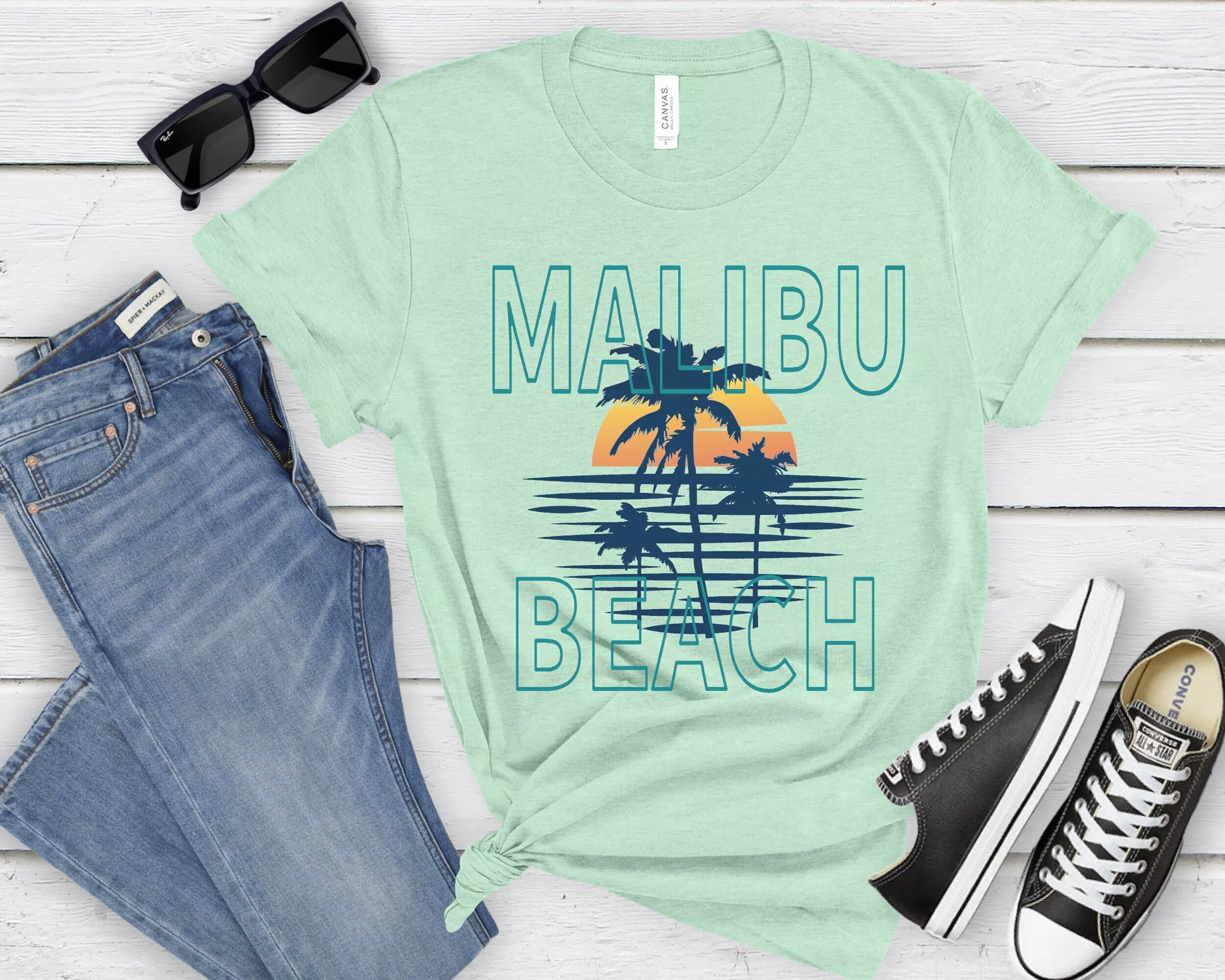 Malibu Beach T Shirt California Palm Trees Souvenir