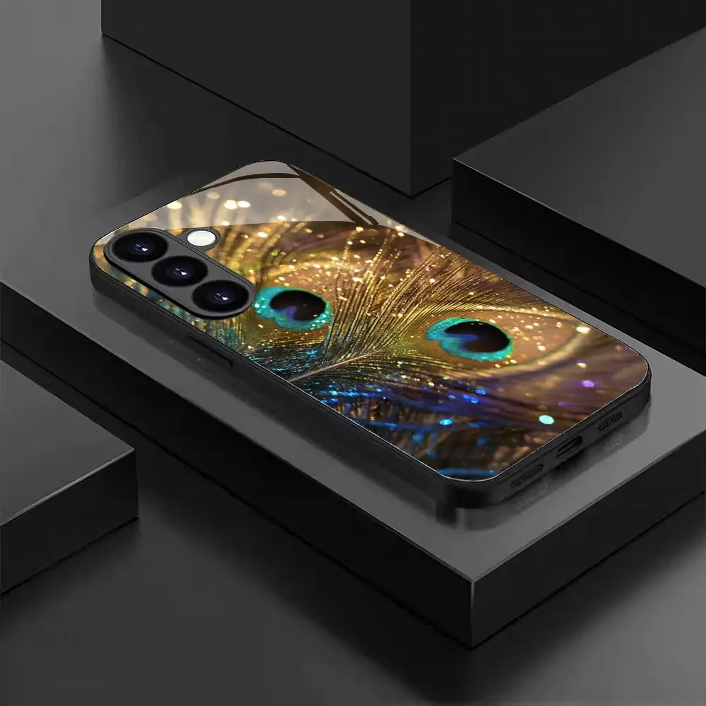 Фото Чехол для телефона из закаленного стекла с узором «Павлинье перо» для Samsung Galaxy S26 S25 S24 S23 S22 S20 FE/Ultra/Plus, противоударная задняя крышка №3