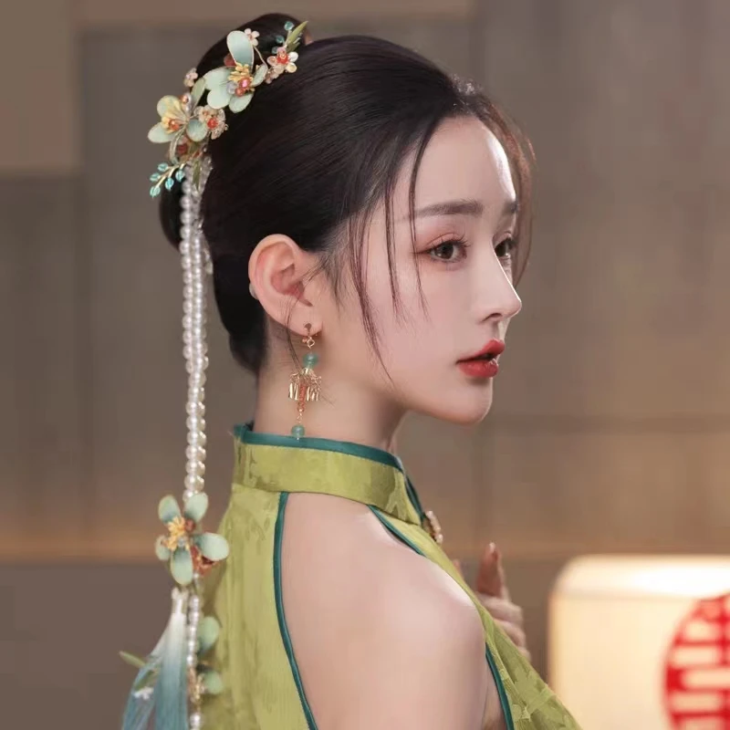 Заколка для волос NiuShuya в этническом стиле Классическая шпилька с зеленым цветком