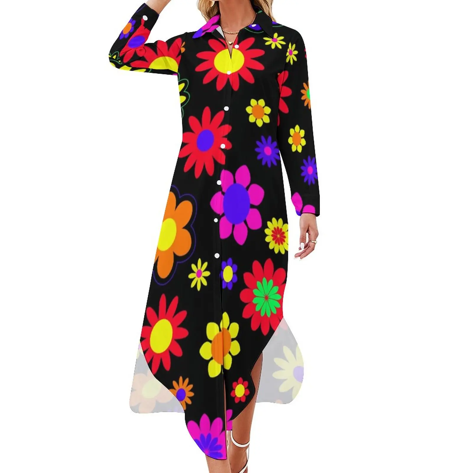 

Retro Bright Flowers Casual Dress Hippie Flower Power Street Fashion Dresses Sexy V Neck Beach Chiffon Dress Vestido Large Size