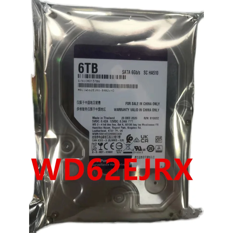 

Original New HDD For WD 6TB 128MB SATA 7200RPM 3.5" For Monitoring Hard Disk For WD62EJRX