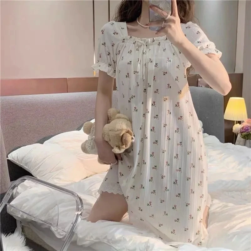 

Yasuk Summer Fashion Women's Casual Girl Print Flower Lovely Pullover Pajamas Set With Skirt Nightdress Lace Bow Short Sleeve