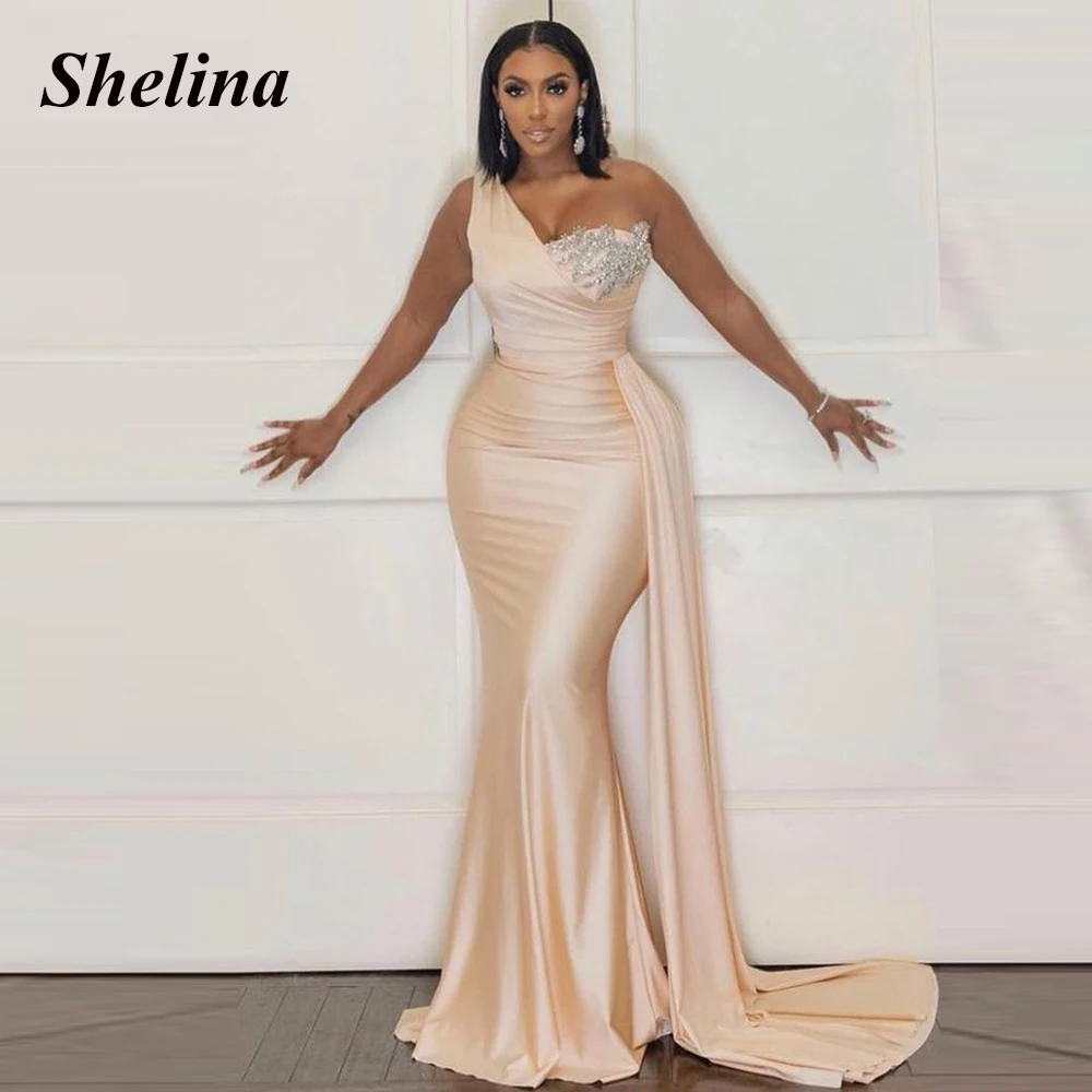 

Shelina Delicate Crystal Formal Occasion Dresses One-Shoulder Pleat Court Train Evening Gowns Vestido De Noite Customer Made