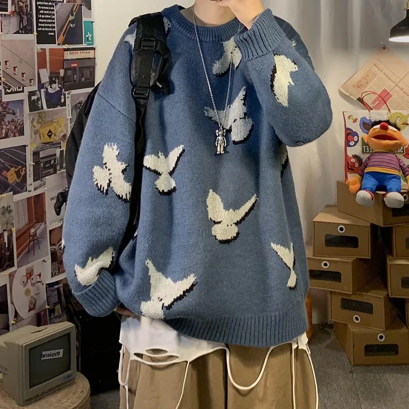 

Осенняя мужская одежда, студенческий вязаный свитер, модная уличная одежда с животным принтом, унисекс, пуловер с длинным рукавом для пары, ...