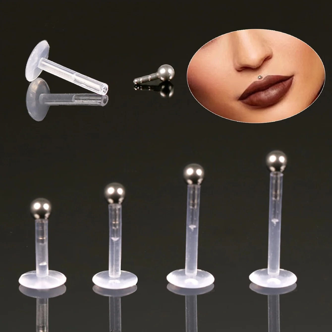 10 простых акриловых прозрачных гвоздей для губ с шариками из нержавеющей стали
