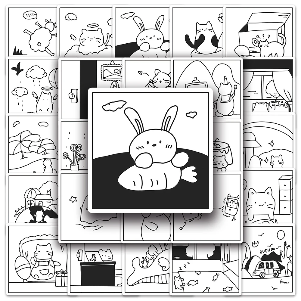 

10/30/50 шт. черно-белая живопись эстетика наклейки кролик мультфильм стикер Тетрадь ноутбук чемодан настенные декоративные наклейки