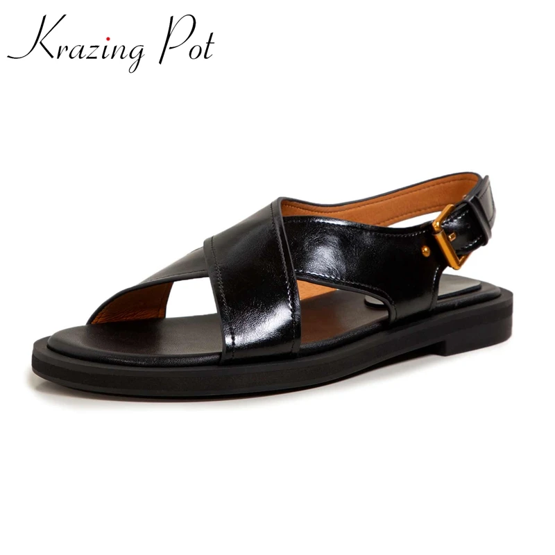 

Krazing Pot Cow Split Leather Peep Toe Low Heel Summer Shoes England Style Retro Fashion Concise Style Solid Women Sandals L31