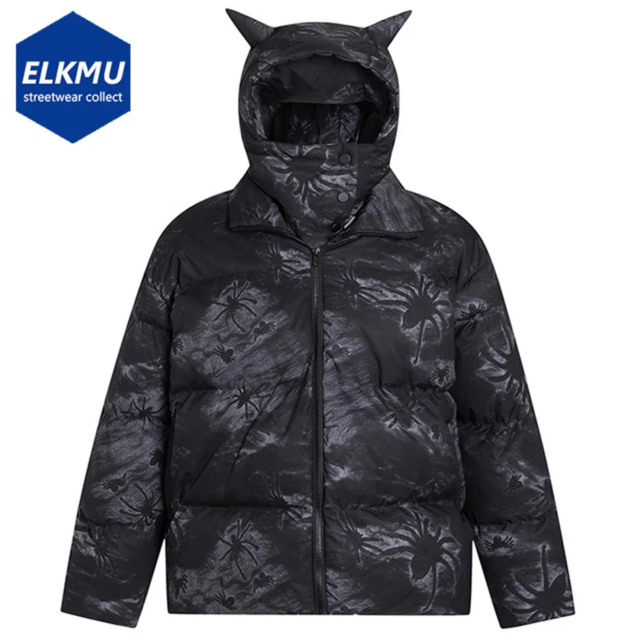 

Парка мужская зимняя с подкладкой, уличная одежда с принтом паука, маска дьявольского рога, шапка, пальто в стиле хип-хоп, Харадзюку, черная свободная дутая куртка