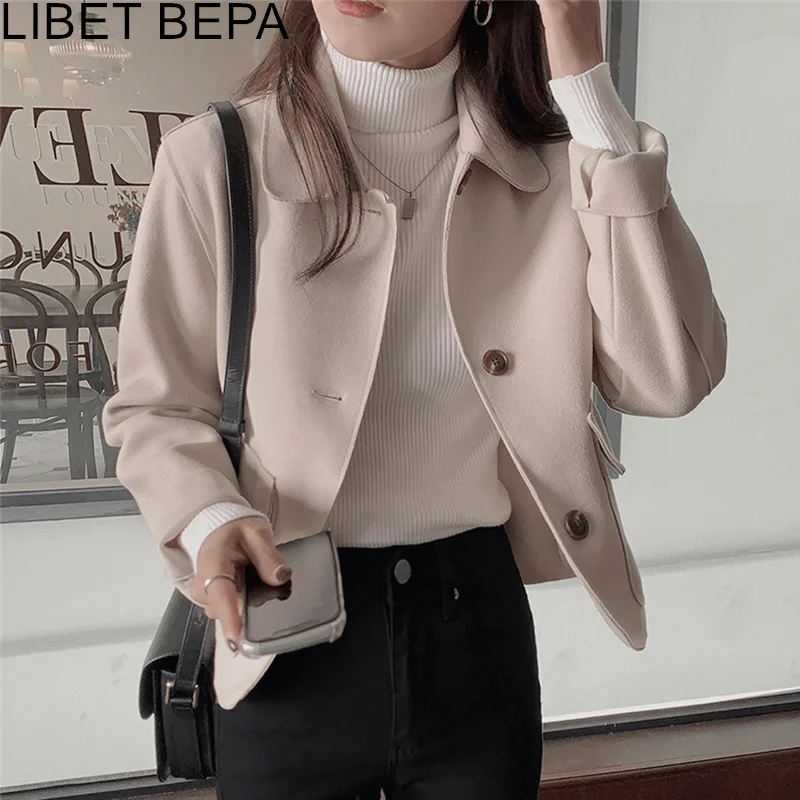 

Autumn Winter Women Jacket Pockets Turn-Down Collar Oversized Wild Outerwear Woolen Vintage Buttons Short Tops