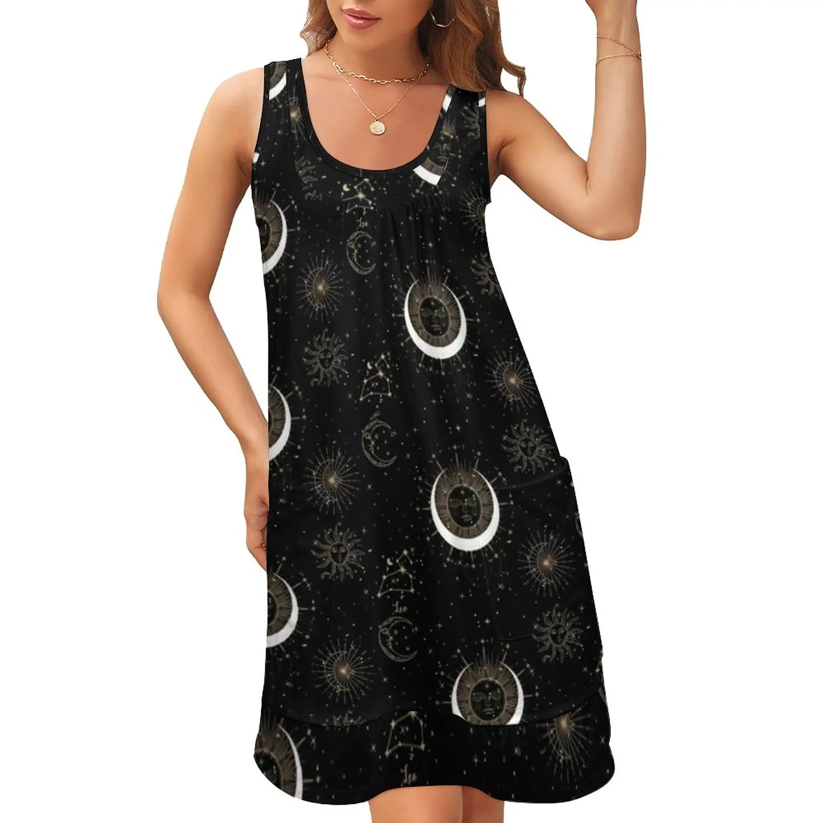 

Женское винтажное платье в стиле пэчворк, повседневное пляжное платье оверсайз с принтом в виде знаков солнца, луны и звезд, летнее платье в ...