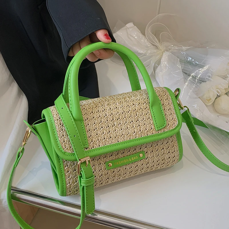 

Small Square Straw Crossbody Bags For Women High Quality Pu Leather Splice Shoulder Bag Summer Straw Woven Handbag Beach Bag New