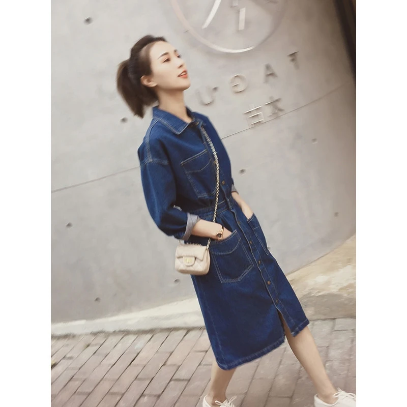 

2022 Spring and Autumn New Long-sleeved Dress Korean Version Loose Dark Blue Denim Dress Multi-pocket Fashion Women's Clothing