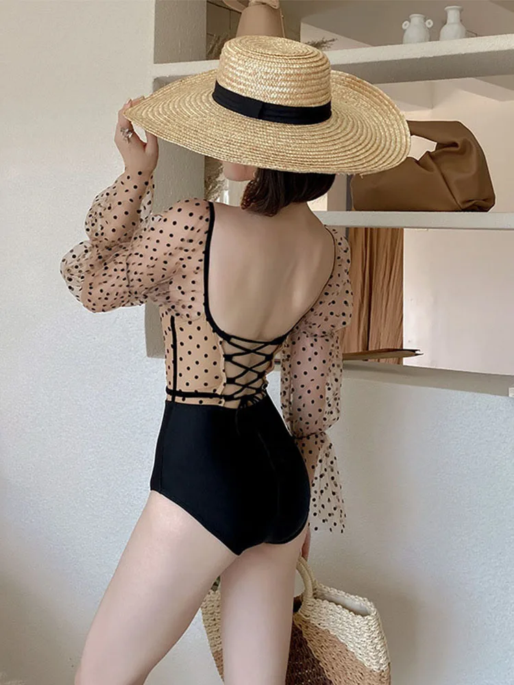 Цельный купальный костюм с длинным рукавом женская одежда для плавания в горошек