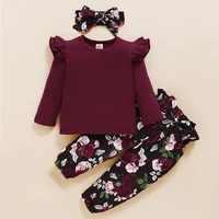 spring autumn toddler baby girl clothing sets 2021 new solid long sleeve tops floral pants suit for girls cotton kids clothes
