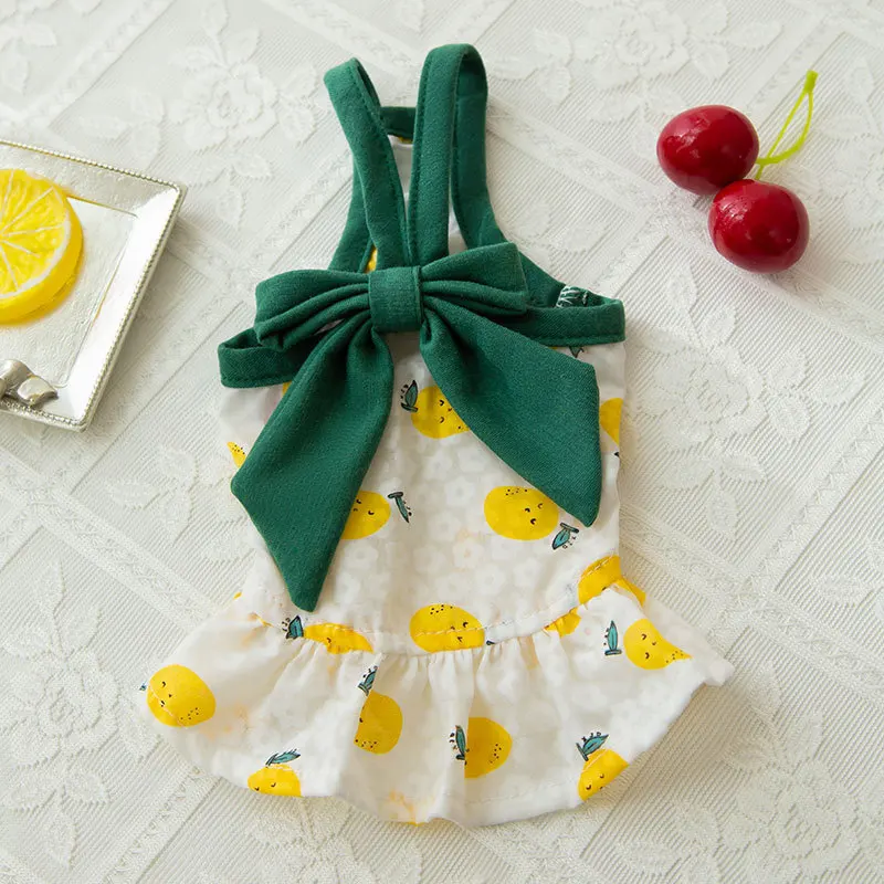 

Green Bow Pet Dress Full Print Lemon Dog Suspender Clothes Summer Puppy Princess Skirt Cool Comfortable Teddy Clothing