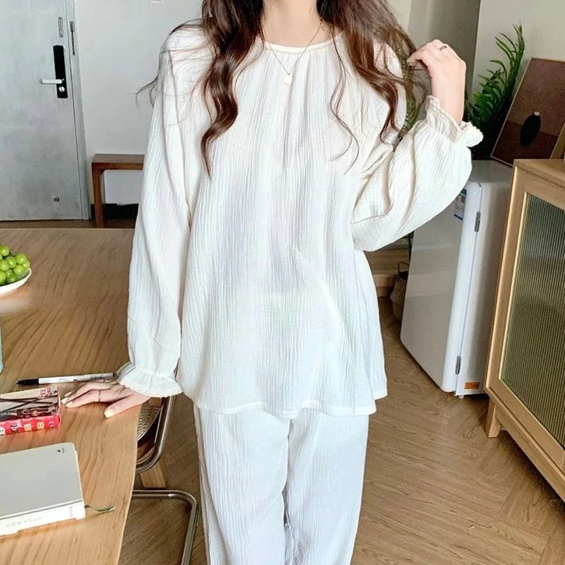 QWEEK Cotton Women's Pajamas Korean Sleepwear Female Set Nightwear Autumn Pijama Long Sleeve Pyjamas Home Suit Nightie Homewear