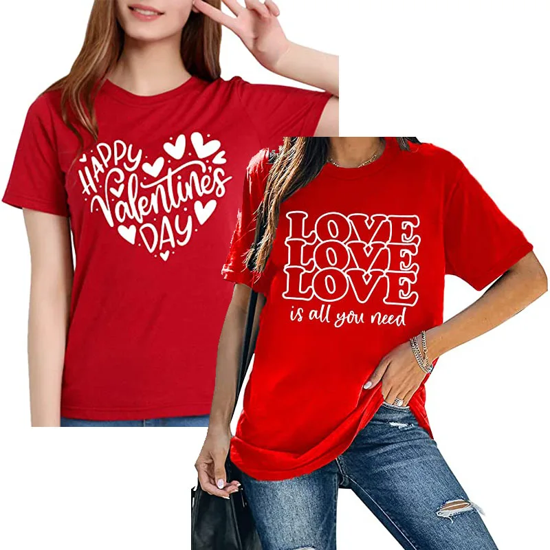 

Happy Valentine's Day Shirts Womens Funny LOVE IS ALL YOU NEED Love Heart Printed T-Shirt Short Sleeve Graphic Tee Tops