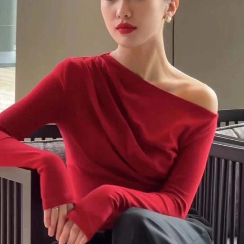 Тонкая простая одежда 2024 с открытыми плечами Хлопковая женская футболка Топ для