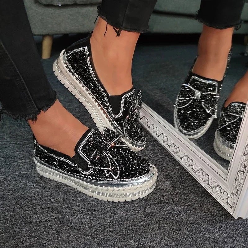 Модная женская обувь со стразами женские блестящие лоферы без шнуровки и бантом