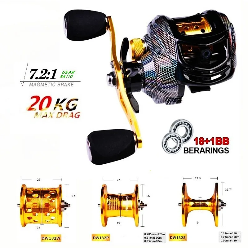 

Baitcasting Reel 20kg Max Drag 7.2:1 High Speed Gear Ratio Saltwater Freshwater Fishing Wheel Fishing Reel