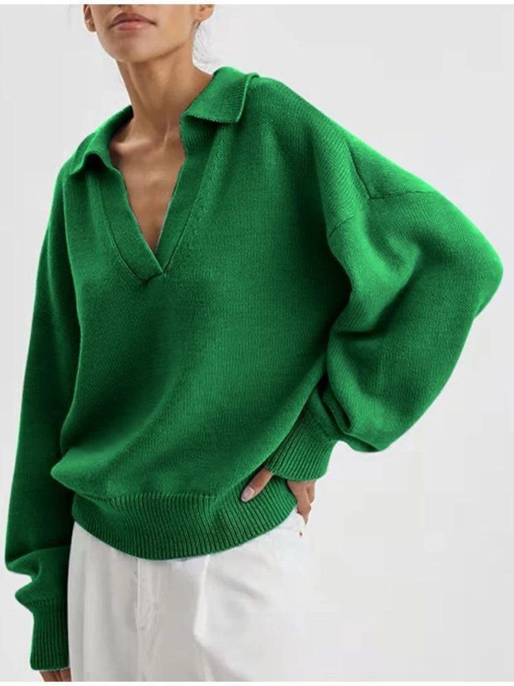 

Женский базовый свитер с V-образным вырезом, зеленые пуловеры оверсайз, сезон осень-зима 2023, Женские Повседневные вязаные мягкие свитера ярко-синего цвета, джемпер