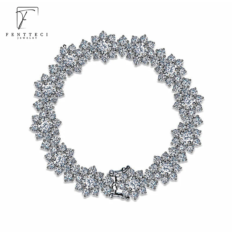 FENTTECI Newest  Sterling Silver Light Luxury Simulation Diamond Sunflower Bracelet Women's High-end Full Diamond Lotus Bracelet