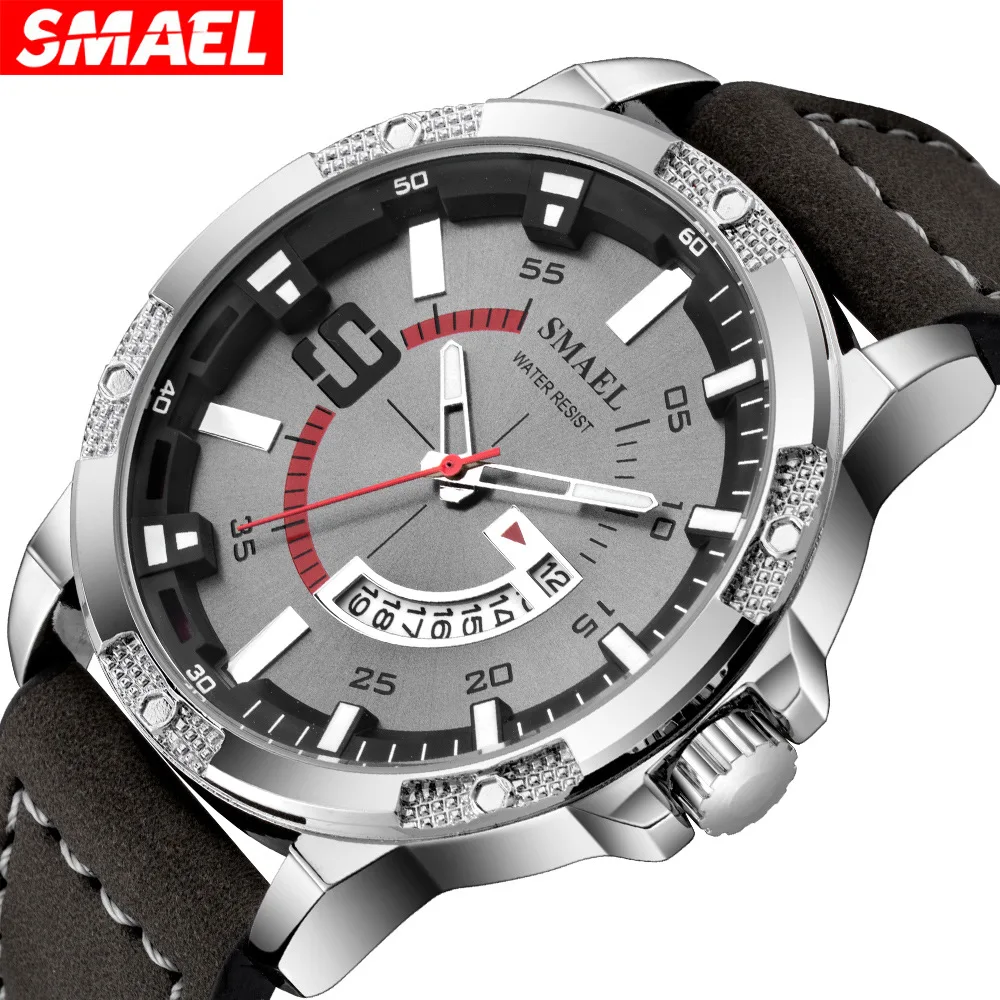 

Часы наручные мужские Кварцевые водонепроницаемые с календарем и кожаным ремешком