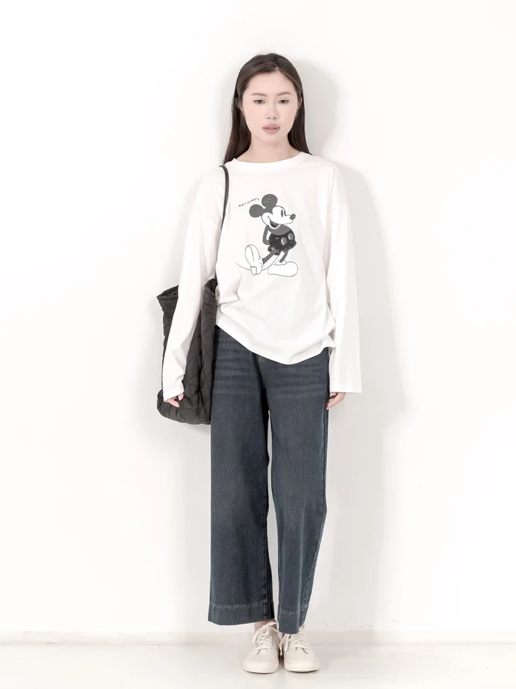Kngs Autumn Japan fashion Retro Sle Creative Print Mickey round Neck Long sleeve Cotton Base Shirt T-shirt Women's Top