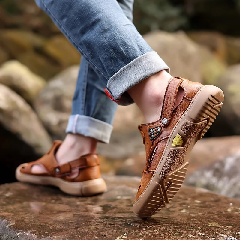 SALUDAS Sandals Men Genuine Leather Handmade Luxury Sandals Summer Anti-Skid Breathable Outdoor Beach Slippers Casual Shoes