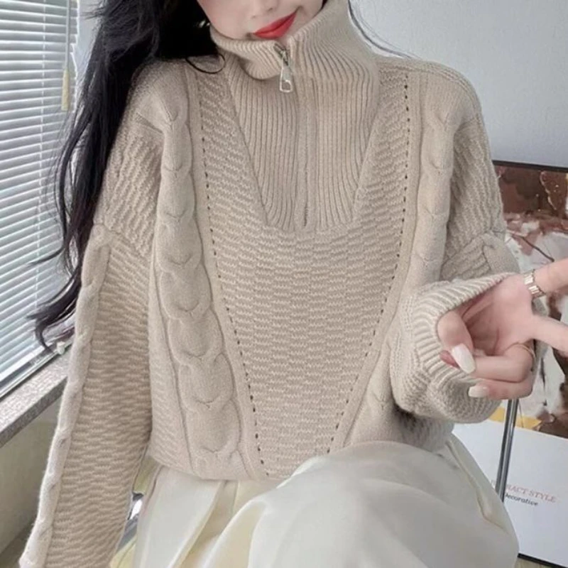 

Korean Autumn Fashion Elegant Temperament Half Cardigan Women's Sweater Fried Dough Twists Long Sleeve Warm Pullover Cashmere