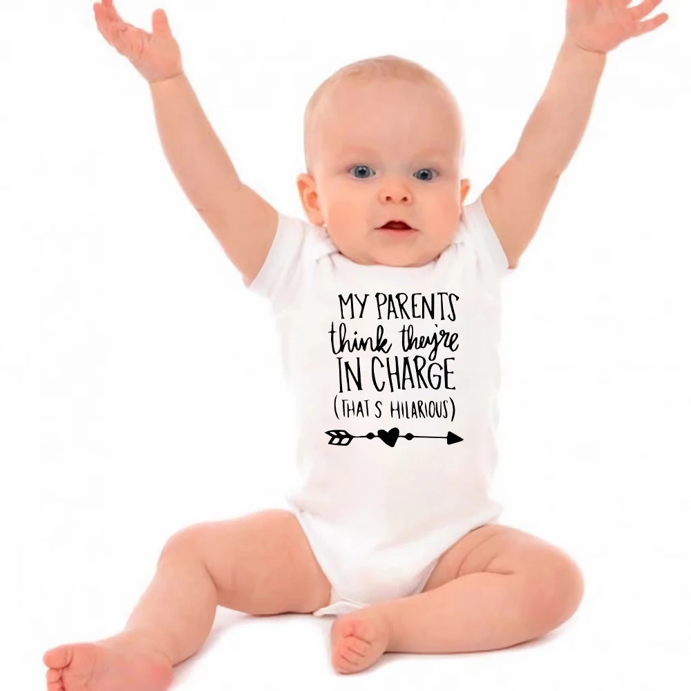 

Newborn Romper Creative Text "My Parents Think They're In Charge" Cotton Summer Ropa Bebe Short Sleeve Onesie Baby Clothes