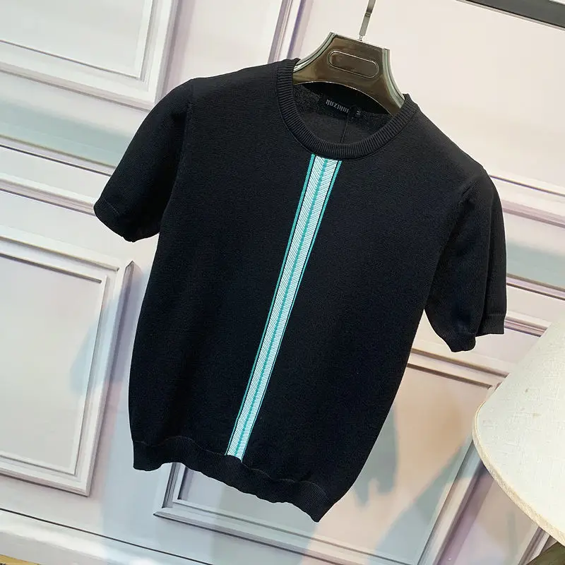 

Summer New 2023 Short Sleeve Thin Knitted Men Clothing Contrast Color Slim Fit T-shirts Male Casual Pullovers 2023 R122