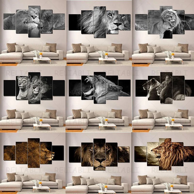 

5 Panel Print Landscape Lion Abstract Oil Painting on Canvas Animal Modern Modular Wall Picture Poster for Living Room Cuadros