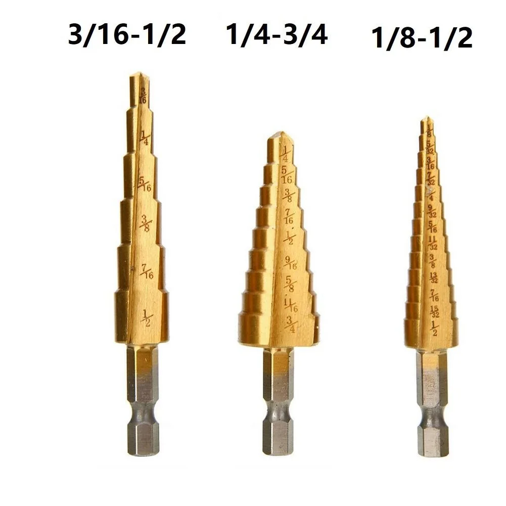 

3Pcs HSS Step Drill Bits Titanium Coated Wood Metal Hole Cutter Core Drilling Bit 3/16-1/2 1/4-3/4 1/8-1/2 Power Tool Accessorie