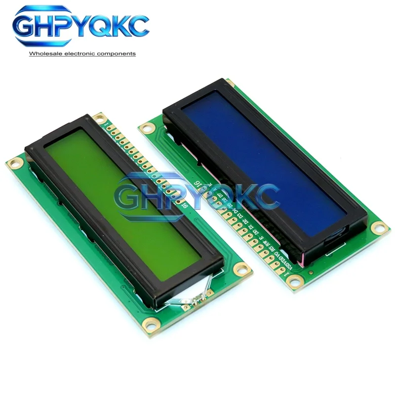 Фото LCD-модуль 1602 с синим/желто-зеленым экраном, 16x2 символьный LCD-дисплей, интерфейс PCF8574T PCF8574 IIC I2C, 5В, для Arduino №1