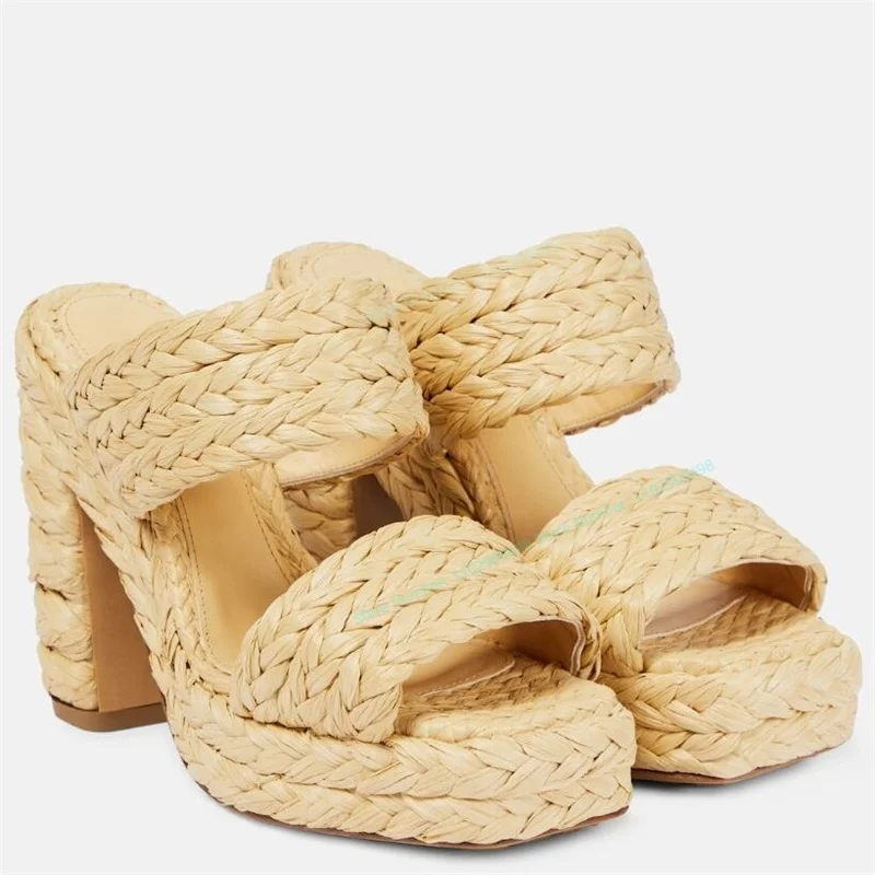 

Apricot Straw Woven Platform Slippers Slip On Peep Toe Shoes for Women Cut Heel Chunky High Heels Shoes 2023 Zapatos Para Mujere