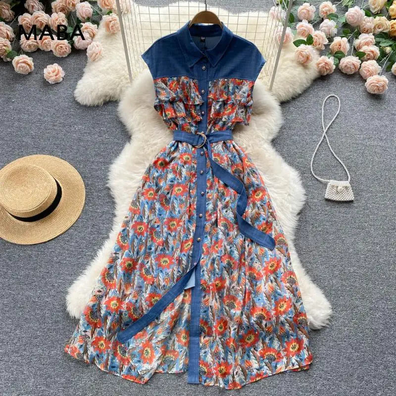 

Sleeveless Tank Denim Dresses Women Summer Polo Collar Ruffle High Waist Single Breasted Elegant Floral Print A-line Maxi Dress