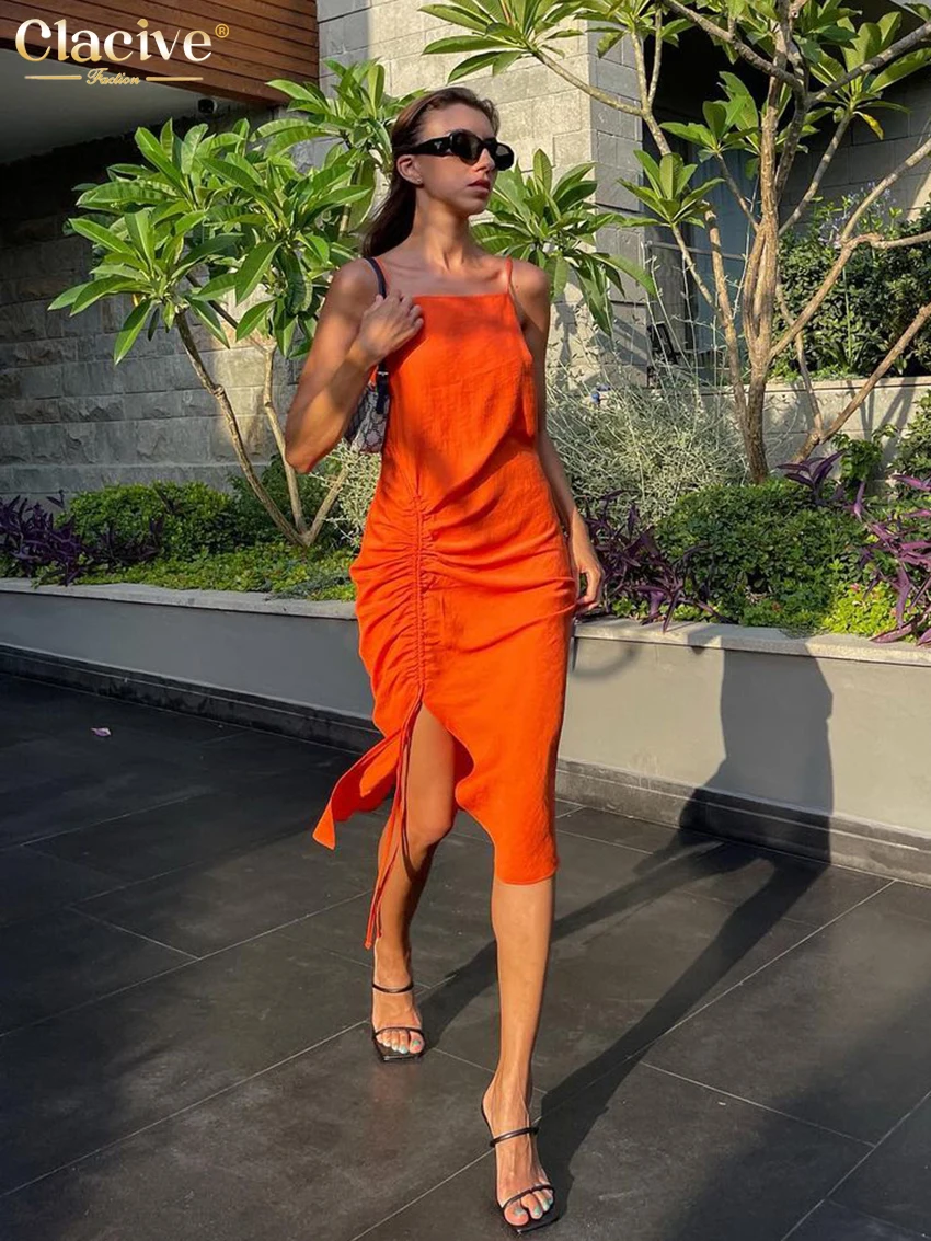 

Clacive Casual Orange Summer Dress Female Fashion Spaghetti Strap Slit Midi Dress Bodycon Drawstring Elegant Dresses For Women