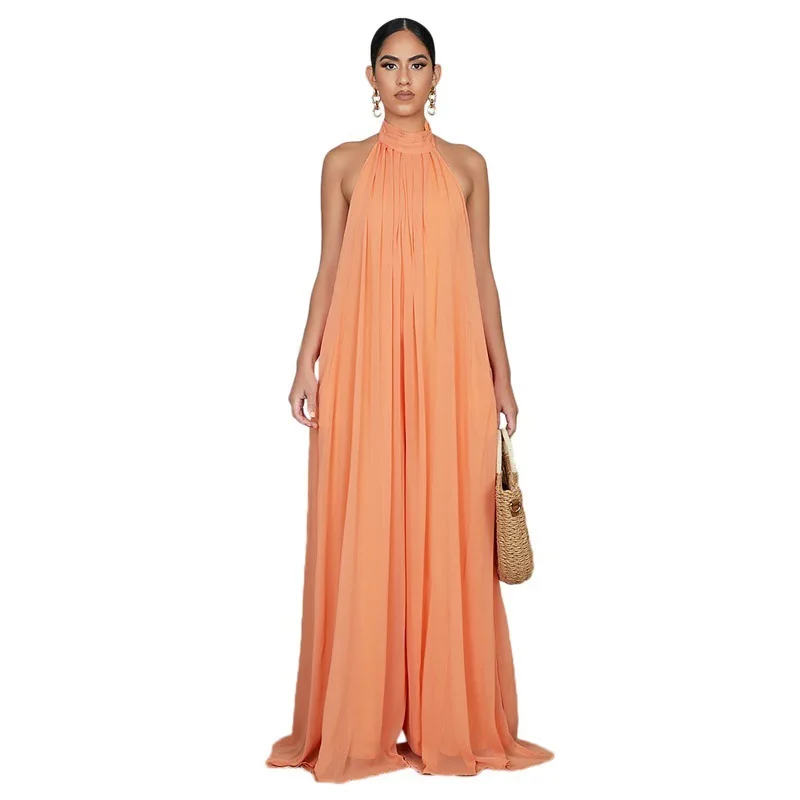 Women Chiffon Halter Backless Jumpsuits Loose Style Long Overalls Elegant Party Club Jumpsuit