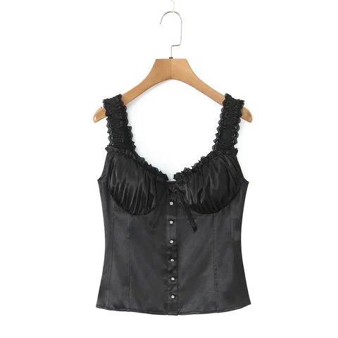 Винтажные французские плиссированные топы-трубы больших размеров, женские милые сексуальные майки с атласным ремешком 9231