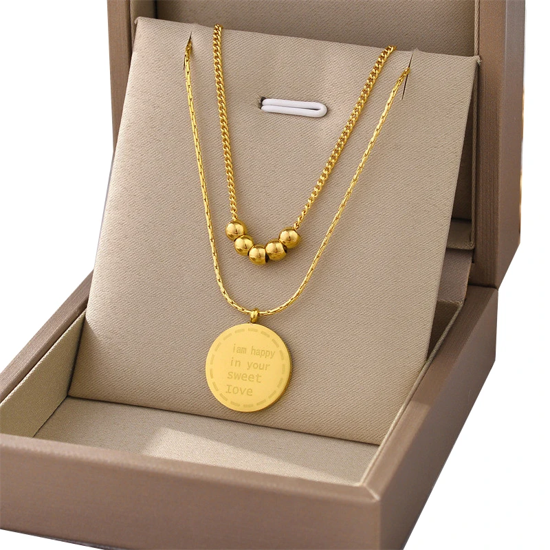 

316L Stainless Steel Temperament Double Layer Titanium Necklace Round Beads Pendant Fashion Jewelry