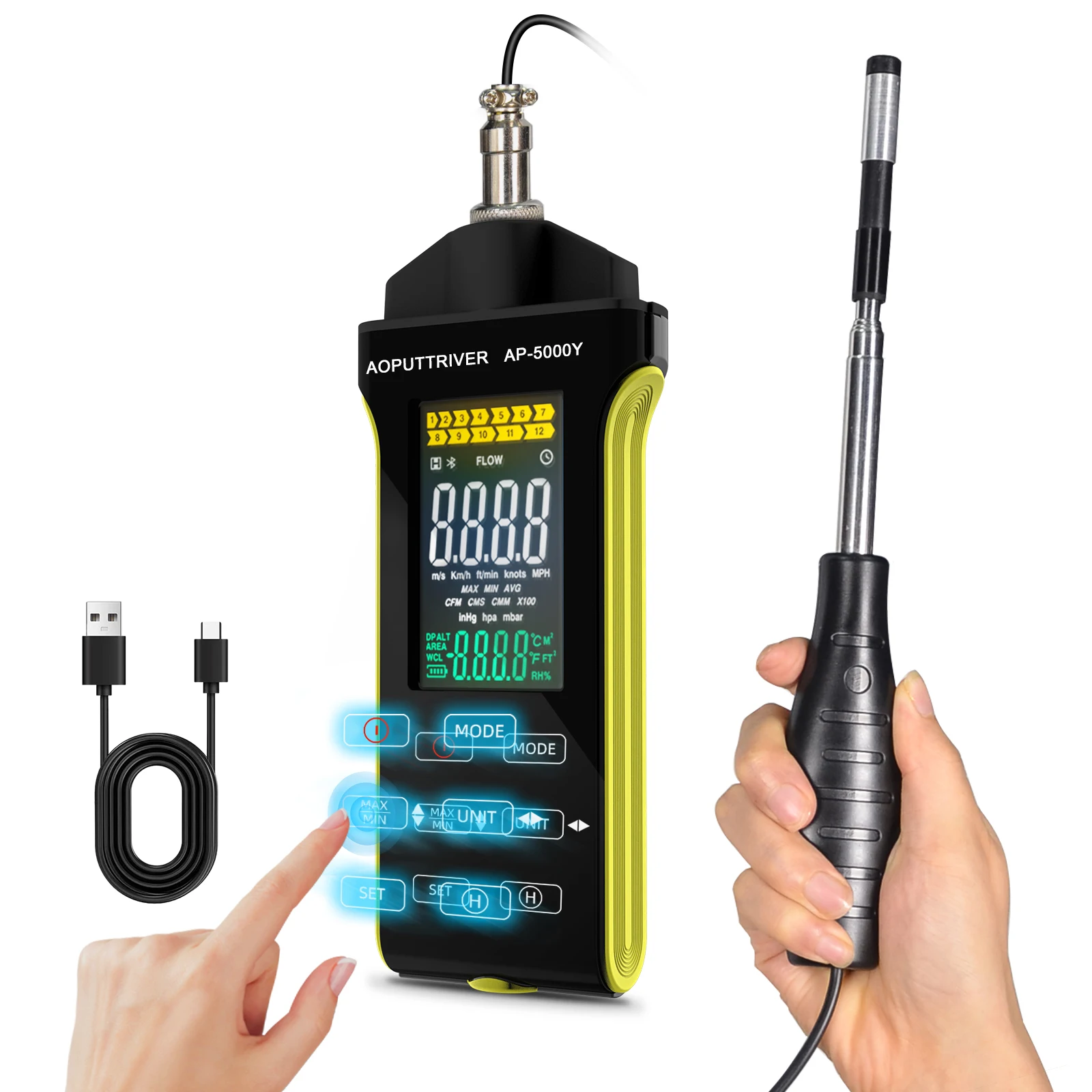 

Измеритель ветра HVAC, анемометр с горячей проволокой и телескопическим зондом, экспортом USB-даний, температурой и влажностью, скоростью потока воздуха, HP-5000Y